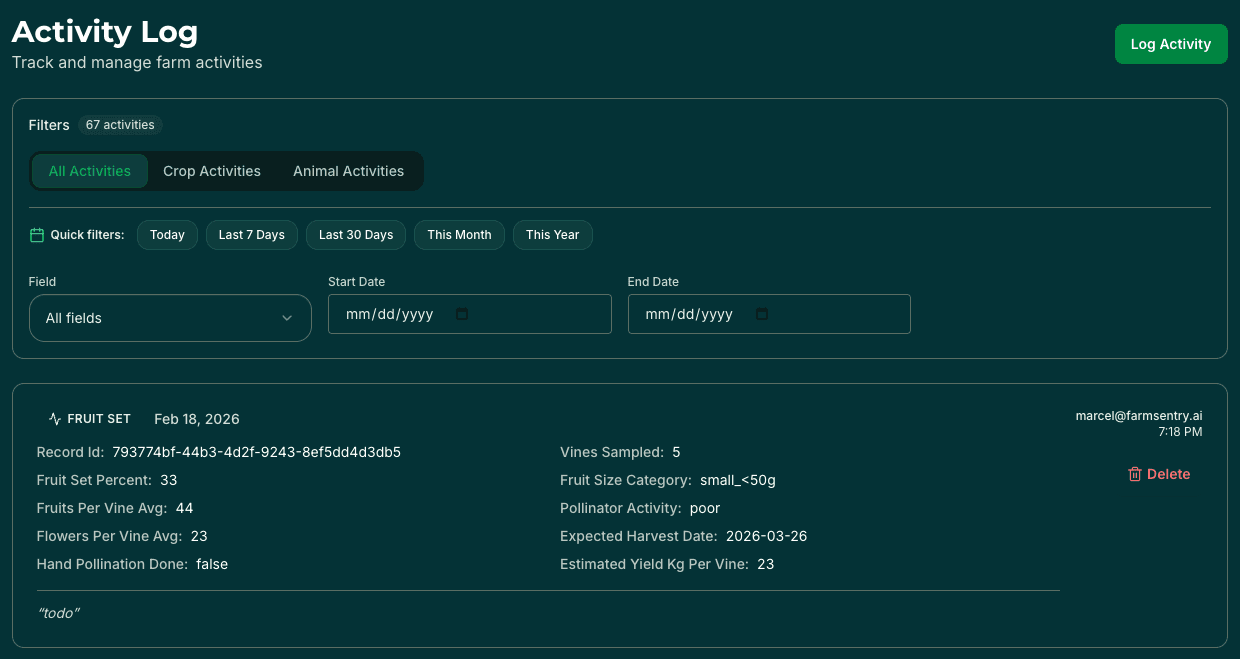 Activity timeline with filtering by type, date, and field
