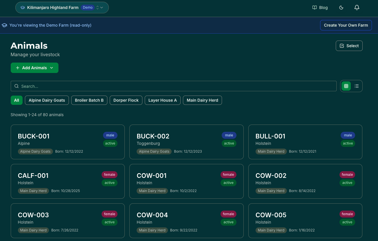 Animal inventory grid with herd filtering and search