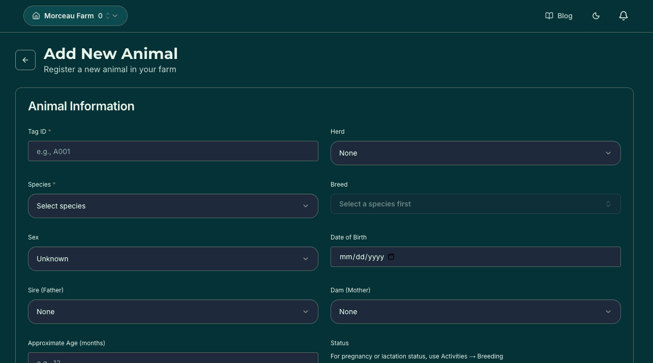 Add new animal form with species, breed, and lineage fields
