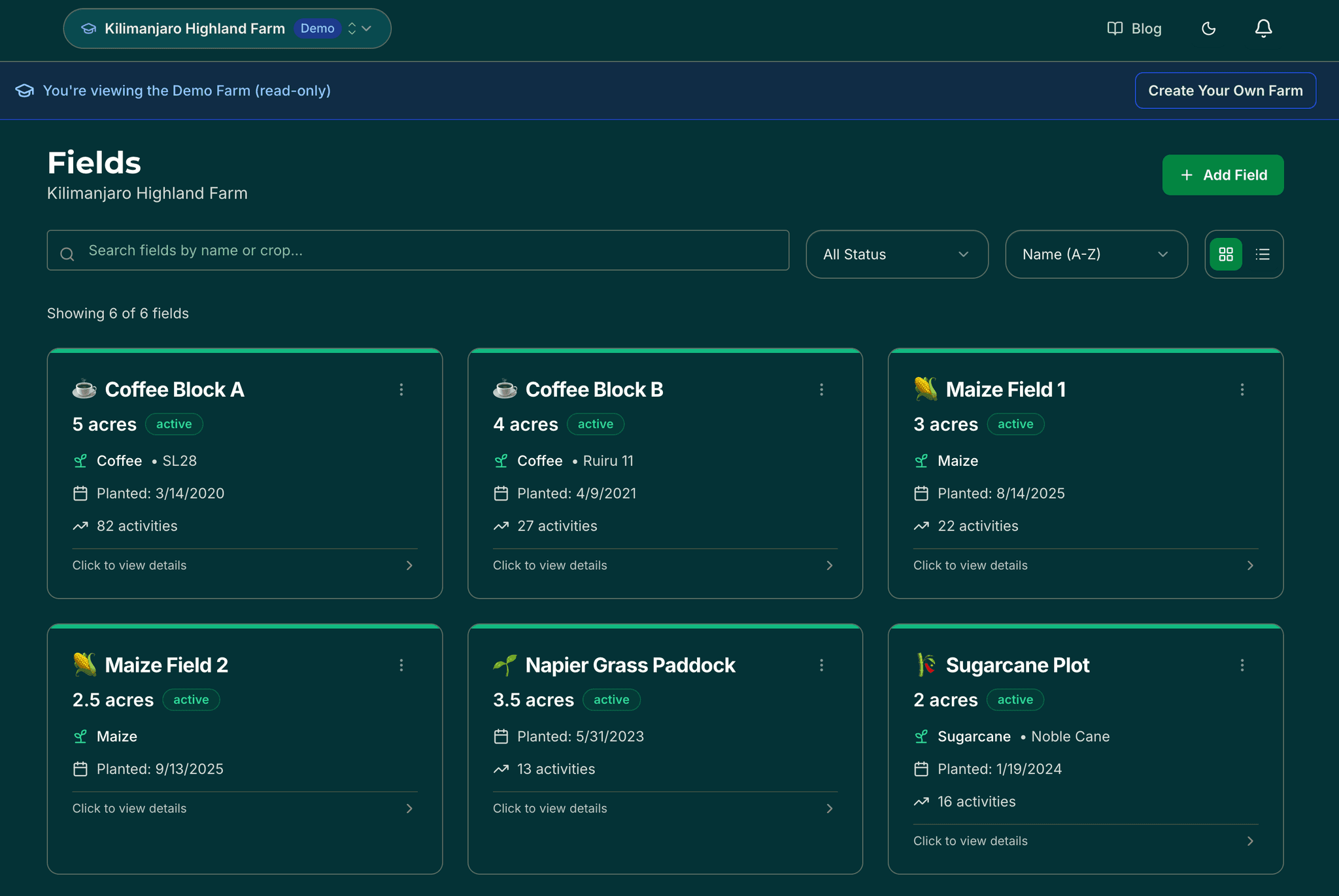 Field listing with crop types, area, and status overview