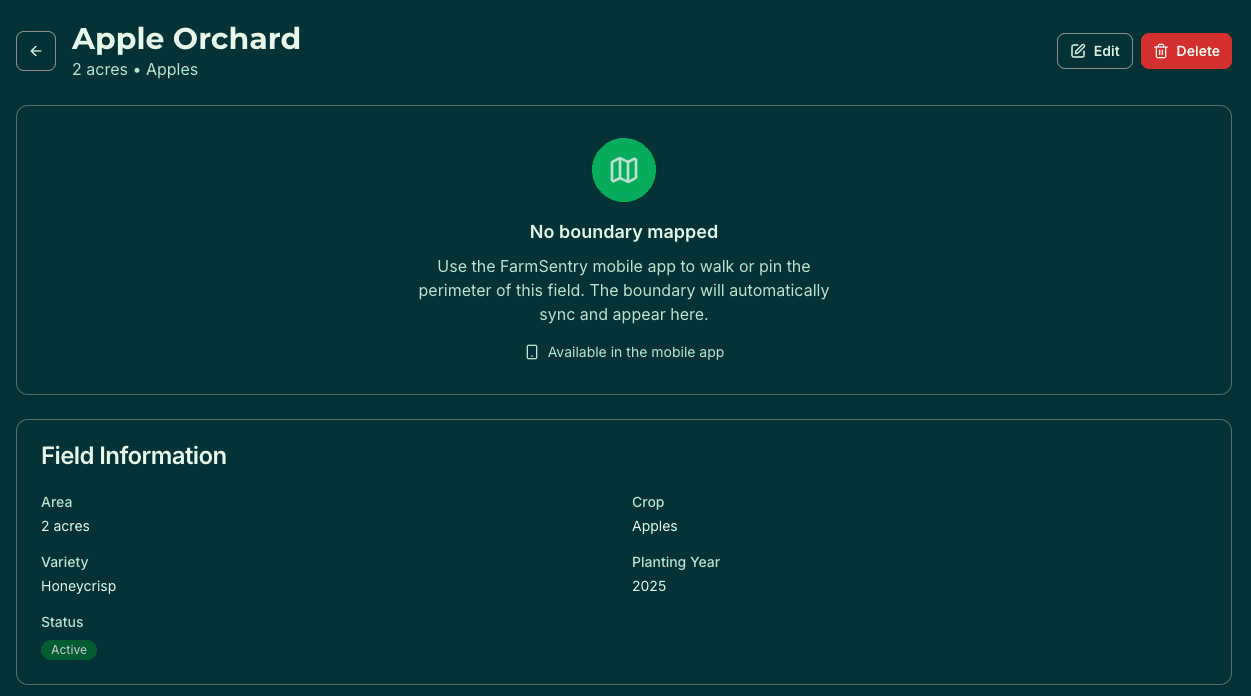 Create new field form with crop selection and planting data