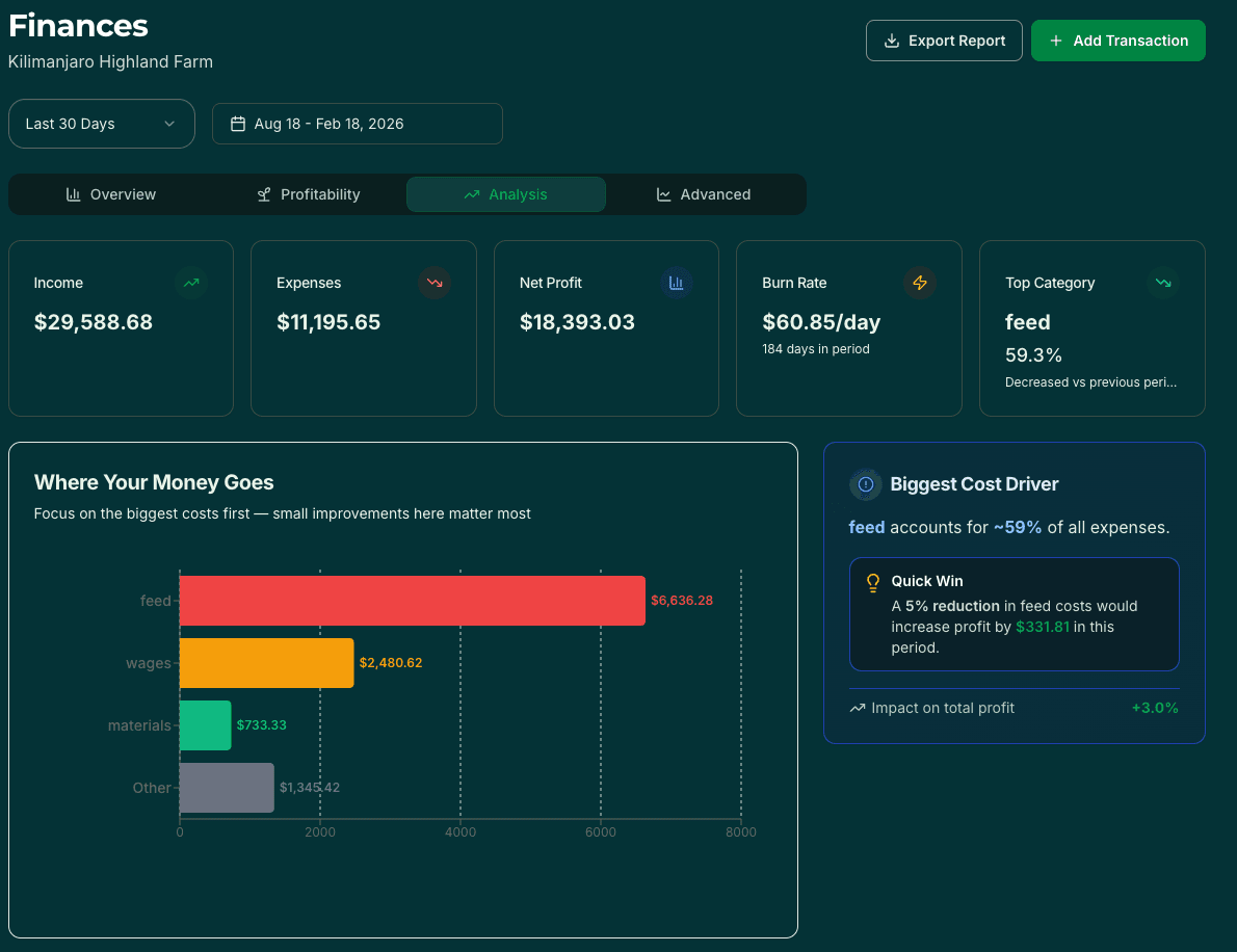 Cost analysis with biggest cost drivers and quick win insights