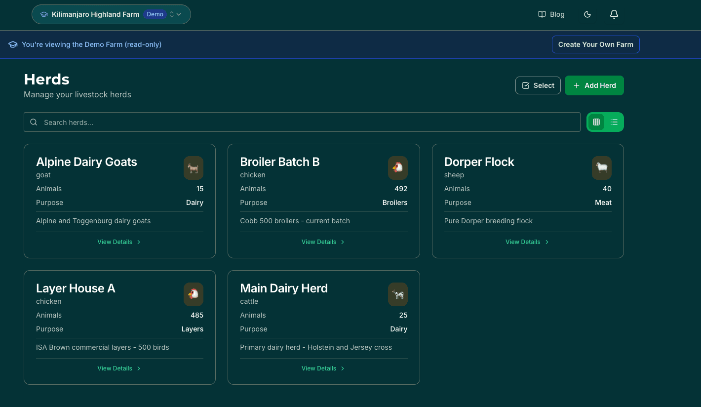 Herd listing with multi-species grid view showing cattle, sheep, goats, and poultry