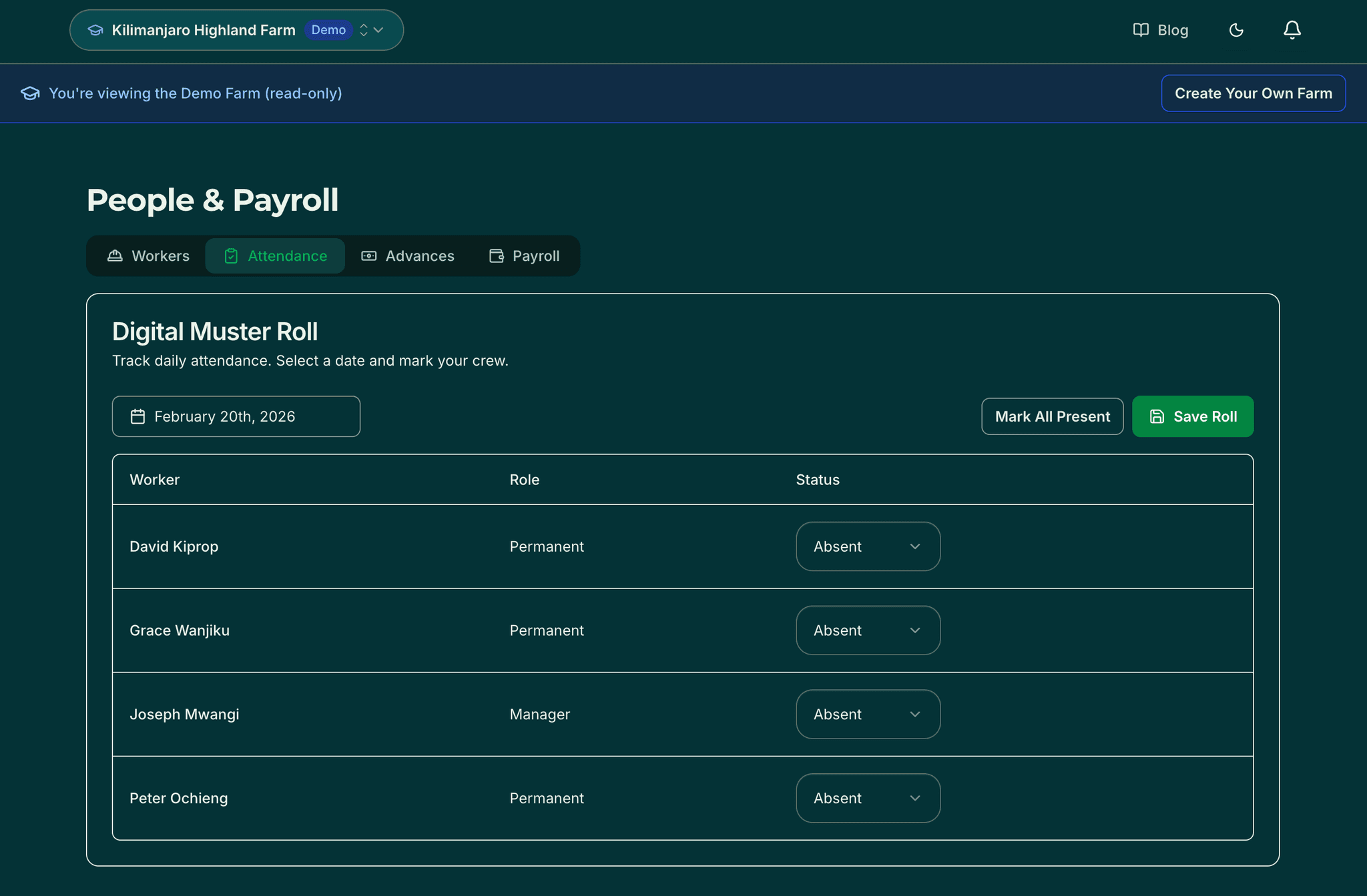 Digital muster roll with daily attendance tracking