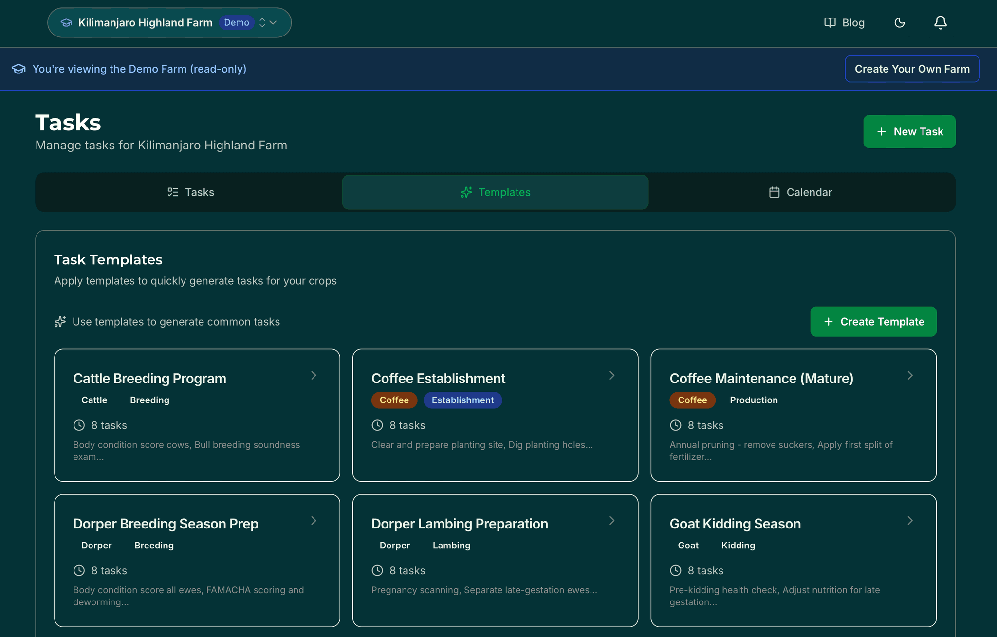 Crop stage calendar with task templates and scheduling